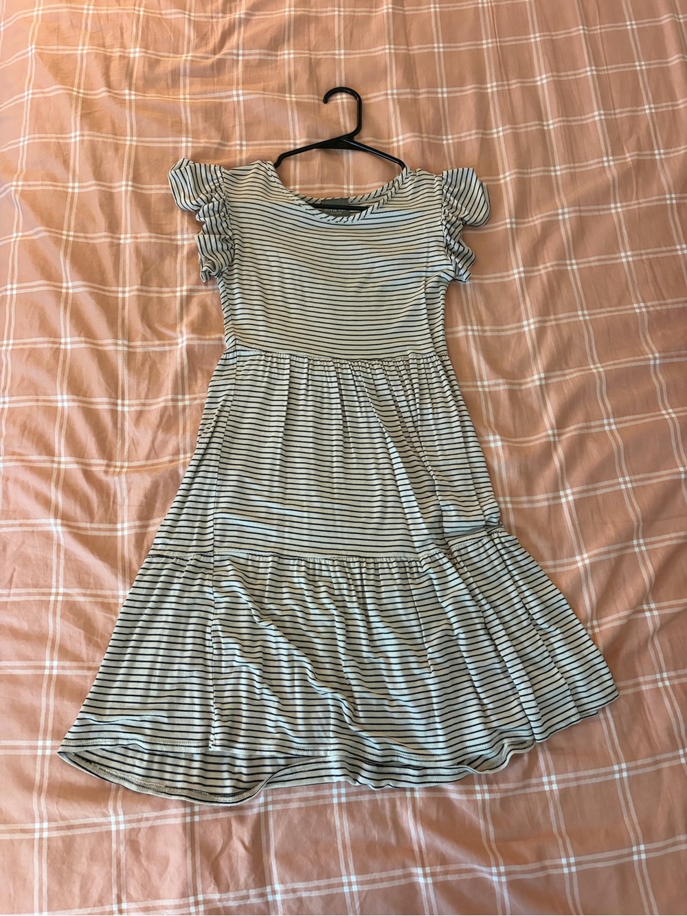 Olivia Rae Black and White Striped Ruffle Sleeve Dress